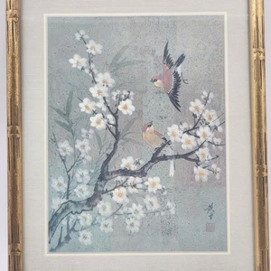 Birds Cherry Blossoms Chinese Silk Print Bamboo Framed Matted 13" x 17" Vintage - Picture 1 of 18