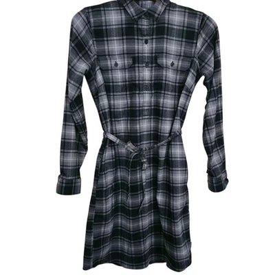 Eddie Bauer Flannel Shirt Dress Black Gray Plaid Belt Long Sleeve Folklore Sz 6 - Image 1 of 4