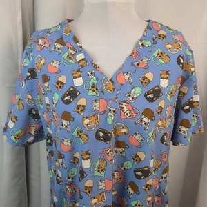 Prints By Maevn Cat In Coffee Cup Cats Scrub Top Lavender Purple Women’s Sz L - Picture 1 of 9