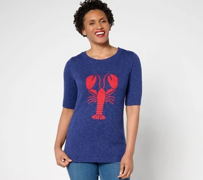 Denim & Co. Women's Top Sweater Sz 2XS (XXS) Patterned Elbow Sleeve Blue A694614 - Image 1 of 4