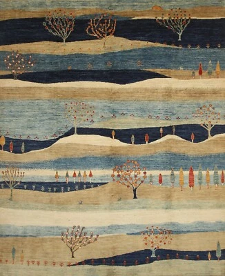 Небольшой шерстяной ковер ручной вязки племенной афганский Gabbeh темно-синий пейзаж 8x10 - Изображение 1 из 4