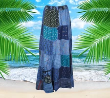 Womens Maxi Skirt, Blue Boho Hippie Festival PATCHWORK Vintage Retro Skirts S/M