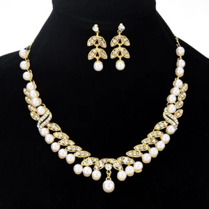 Crystal Diamantes Gold Leaves Pearls Necklace Earrings Set Costume Jewellery - Picture 1 of 6