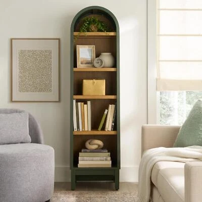Elegant Juliet Wooden Narrow Arched Bookcase Adjustable Shelving Deep Green & Ho - Image 1 of 4