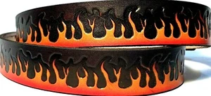 RED FLAMES EMBOSSED TRUCKER MOTORCYCLE COWHIDE LEATHER BELT SIZE 26-48 USA MADE - Picture 1 of 4