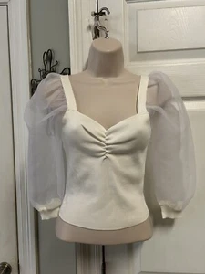 Papaya Dainty White Coquette Top Womens Medium Crop Ruched Sheer Puff Slve Fairy - Picture 1 of 9