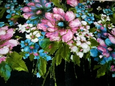 Vtg California Imports Fabric Rayon bl Multi-Colored Floral Black Abstract 3yds - Image 1 of 4