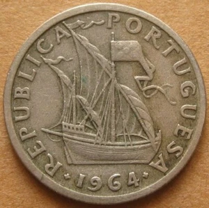 1964 Portugal 2 1/2 Escudos 2$50 VF-EF Condition - Europe - Sailing Ship - Picture 1 of 2