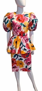 1980s Womens Cotton Floral Peplum Dress Sz S By Melissa - Picture 1 of 7