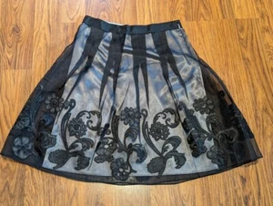 TAHARI SILK KNEE SKIRT black gray sheer chiffon satiny embroidery layered 6 S 1E - Picture 1 of 9