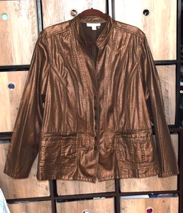 Coldwater Creek Damen Gr. W18 Denim Braun Bronze Metallic Druckknopf Taschen Jacke - Bild 1 von 4