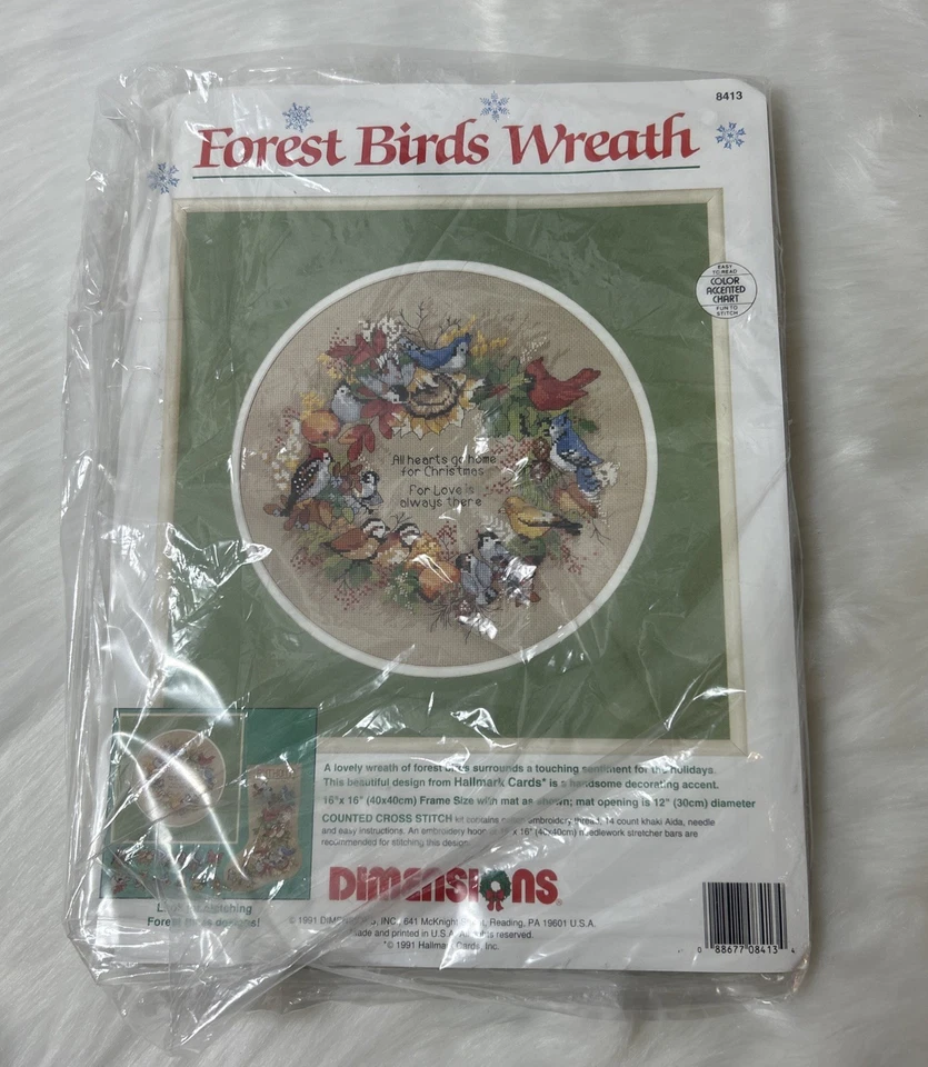 Vintage Dimensions Forest Birds Wreath Christmas Counted Cross Stitch 90s D1