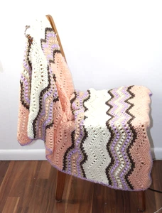 Handcrafted Crotched Throw/Baby Blanket Pastel Colors 54x30 Purple White Peach - Picture 1 of 7