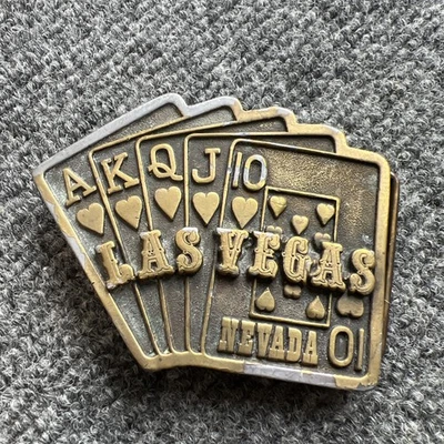 Vintage 1975 AJ Dezy Denver NEVADA HEARTS ROYAL FLUSH Belt Buckle Brass Q38 - Image 1 of 4