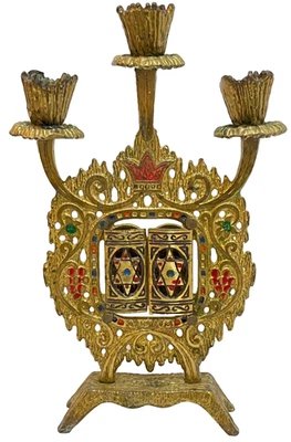 Vntg Judaica Hebrew 10 Commandments Shabbat Candle Holder Israel Jewish WAINBERG - Image 1 of 4