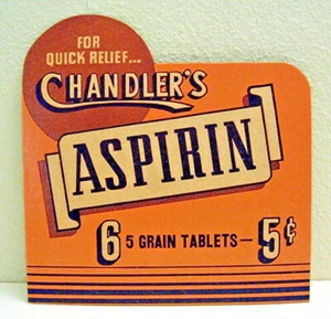 Chandler 5 centesimi aspirina segno pubblicitario banco farmacia St Louis Mo stock vecchio negozio - Foto 1 di 1