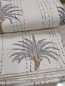 Indian Blue White Print Kantha Quilt,blanket Cotton Twin Bedspread Gudari Throw - Picture 1 of 1