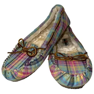 Minnetonka Women Trapper Plaid Faux Fur Lined Slippers Size 11M Pink/Blue Multi - Picture 1 of 10