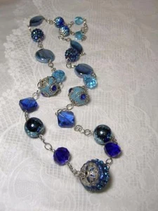 CYNTHIA LYNN RHAPSODY RHODIUM SILVER BLUE GREEN GLASS BEAD LONG LUXURY NECKLACE - Picture 1 of 1