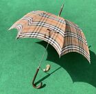 Vintage Burberrys Nova Check Wood Handle Brass Umbrella Parasol w/Tassel