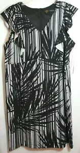 ILE Stretch Black and White Ruffle Front Leaf Pattern Sleeveless Dress 18 NWT - Imagen 1 de 5