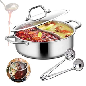 Stainless Steel Shabu Dual Sided divider Cooking Soup Hot Pot Cookware with Lid - Picture 1 of 11