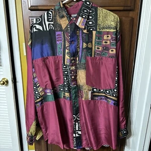 Camisa de seda vintage Hey Man granate y abstracta art deco bloque de color MEDIANA - Imagen 1 de 3