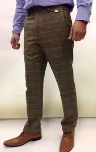 Men's Designer Trousers Marc Darcy Tweed Herringbone Checked Work Wedding Wear - Picture 1 of 7