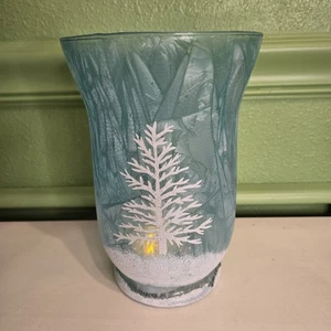 Winterblau mattiert mit weißem Baum Glas Kerzenhalter Blumenvase 8x5 - Bild 1 von 6