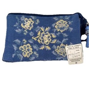 Nuevo Bolso Cartera Lana Punta Aguja Maquillaje Cosmético Azul Amarillo Flores De Colección Lk - Imagen 1 de 3