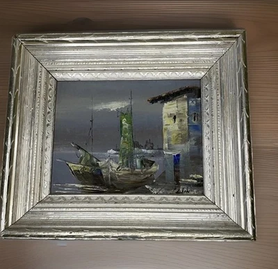 路伊尼绘画原创船手绘签名艺术框架油渔港 — 第 1/4 张图片