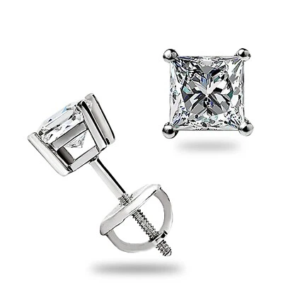 1.05 Ct Princess Cut Stud Earrings GRA MOISSANITE 14K White Gold Screw back Gift - Image 1 of 4