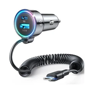 Caricabatterie per auto super veloce USB C 60W PD& QC3.0 con cavo avvolto tipo C da 5 piedi 30 W,... - Foto 1 di 8