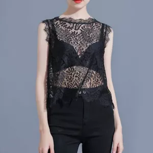 Lady Lace Sheer Sleeveless Vest Camisole Floral Undershirt Short Beachwear Thin - Picture 1 of 16