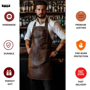 Brown Leather Apron-Butcher Apron-Chef,BBQ Apron Cooking-Apron For Men Women - Picture 1 of 9