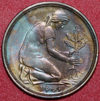 Germany 1969 G 50 Pfennig, Woman Planting an oak seedling - Foreign Coin  20mm - Image 1 of 3