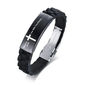Personalized Inspirational Silicone Men's Bracelet Cuff Cross Bible Prayer Gift - Picture 1 of 27