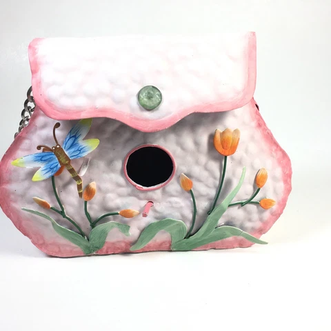 Pink Metal Birdhouse Purse W/Chain Handle Flower Dragonfly Appliqué Shabby Cover