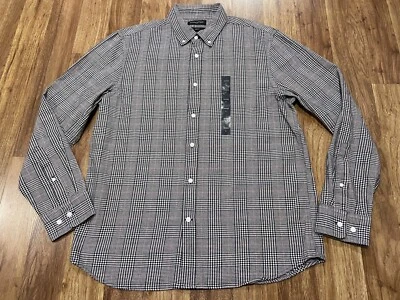 MENS LARGE New Banana Republic Slim Linen Blend Black White Plaid Flannel Shirt - Image 1 of 4