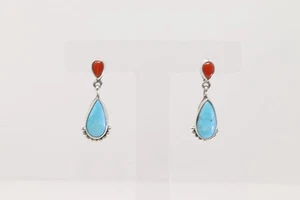 Native America Navajo SS Coral & Turquoise Dangling Earring by Verley Betone - Picture 1 of 4