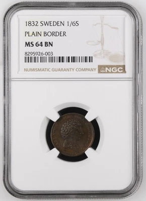 Sweden - ⅙ Skilling 1832 Plain Border - Carl XIV Johan - NGC MS 64 BN - Image 1 of 2