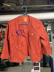 VTG Ruby Rd. Coral Metallic 4-Button Jacket Women's Size 10 Collarless w/ Flower - Picture 1 of 3