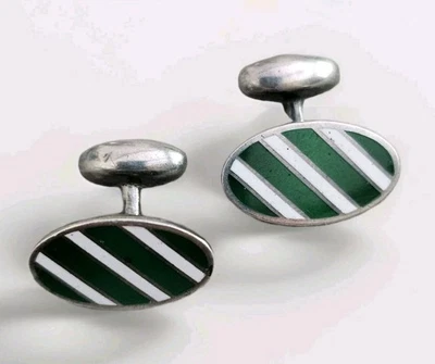 Антикварные овальные запонки из стерлингового серебра с гильошевой эмалью в зеленую и белую полоску - Изображение 1 из 4