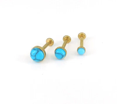 18G Threadless Flatback Earrings Turquoise 2,3,4mm Push Pin Gold Tone Stud Rings - Image 1 of 4