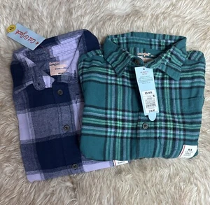 Kids Cat & Jack 2Long Sleeve Flannel Button Down Shirts 1 Navy, 1 Green XS (4-5) - Picture 1 of 7
