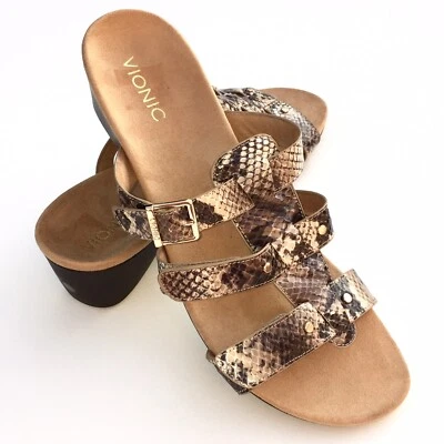 Vionic Wedge Sandals 12 Natural Snakeskin Adjustable Triple Strap Slides Radia - Image 1 of 4