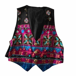 Womens Vest Colorful Quirky Art To Wear Tribal Hippie Artsy Brass Buttons Medium - Picture 1 of 10