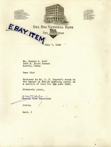1942 letter DEL RIO NATIONAL BANK Kinney County Texas WALKER WILSON RUST BOGGESS - Picture 1 of 1
