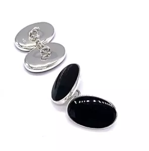 925 Sterling Silver Black Onyx Stone Oval Cufflinks Classic Chain Link - Picture 1 of 3