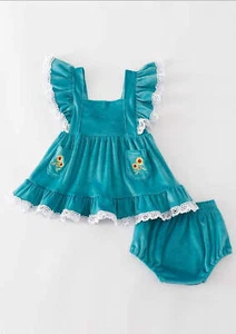 Girl's Boutique Blue Velvet Sunflowes Lace Embroidered Embroidery Two Piece Bloo - Picture 1 of 12